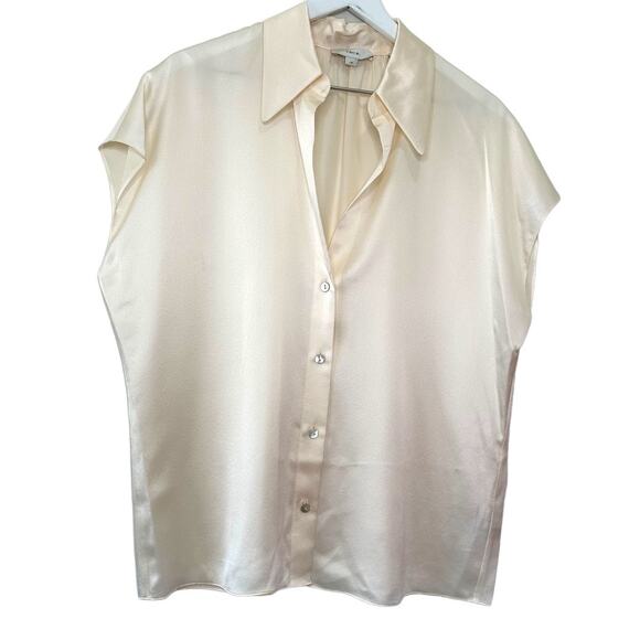 Vince Silk Cap Sleeve Ruched Back Button Down Blouse Cream Size Large - Picture 6 of 9